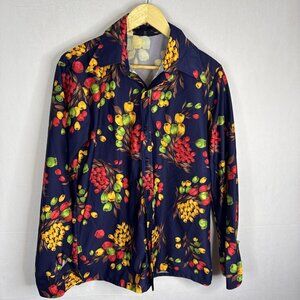 Vintage 70s Dale Polyester Leisure Shirt Fruit Print Navy Men’s Large Disco